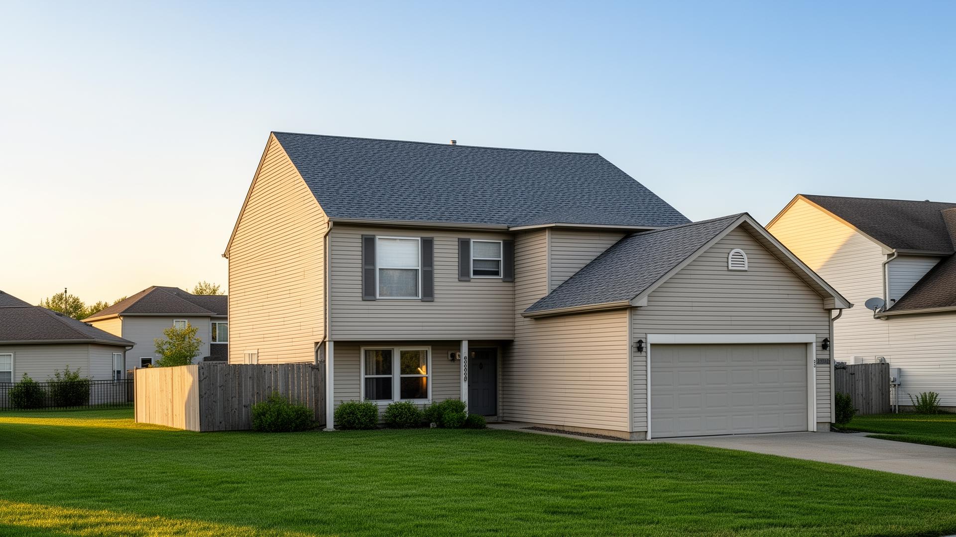 Average suburban home with a new gray asphalt shingle roof